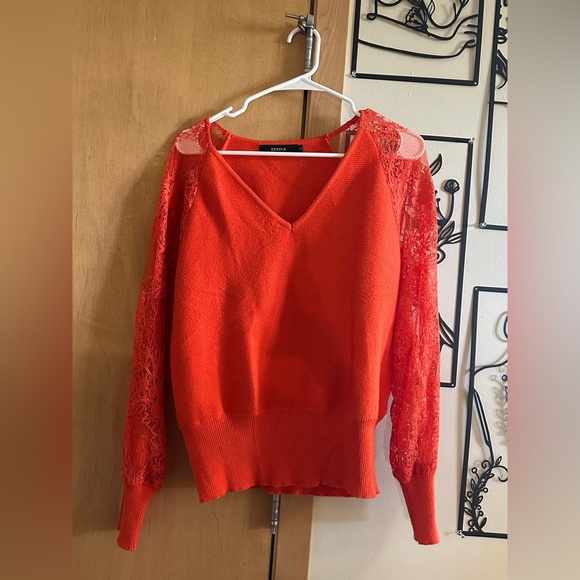 Sweaters - Women's Orange Sweater with Lace Sleeves